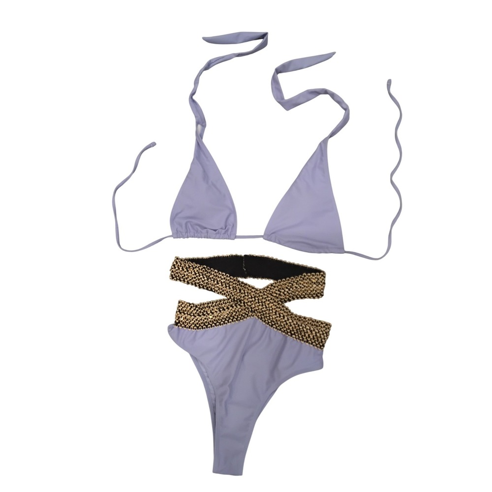 Lavender Purple Sequin Criss Cross High Waist Bikini Set Triangle Top Size M